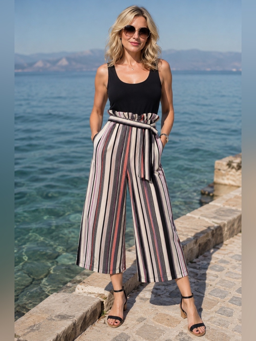 Kismet Paperbag Waist Striped Culotte Jumpsuit | Size M